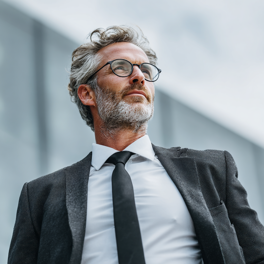 Professional man in business attire showing confidence and determination after personal development transformation